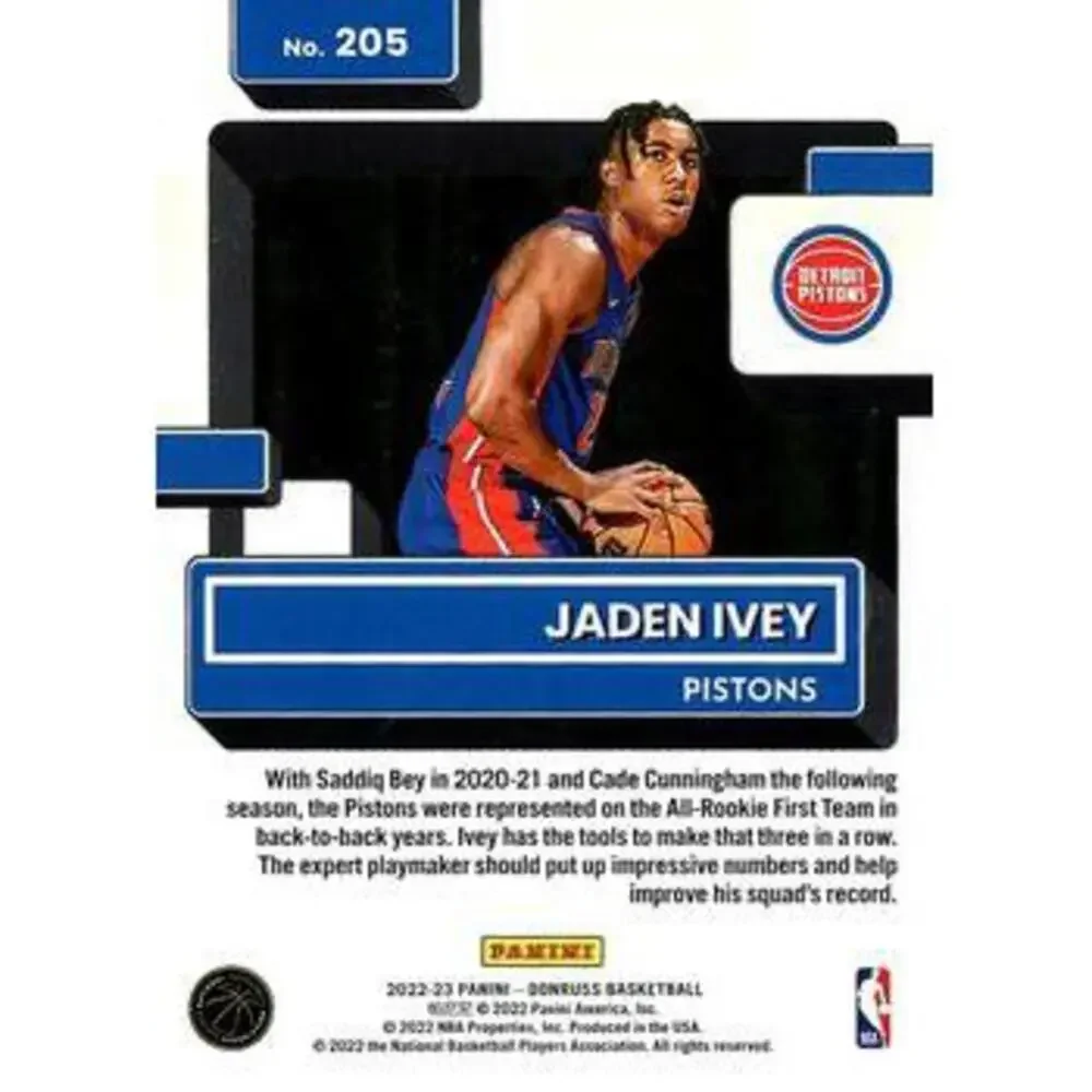 2022-23 Panini Donruss Jaden Ivey Rookie 205 Detroit Pistons